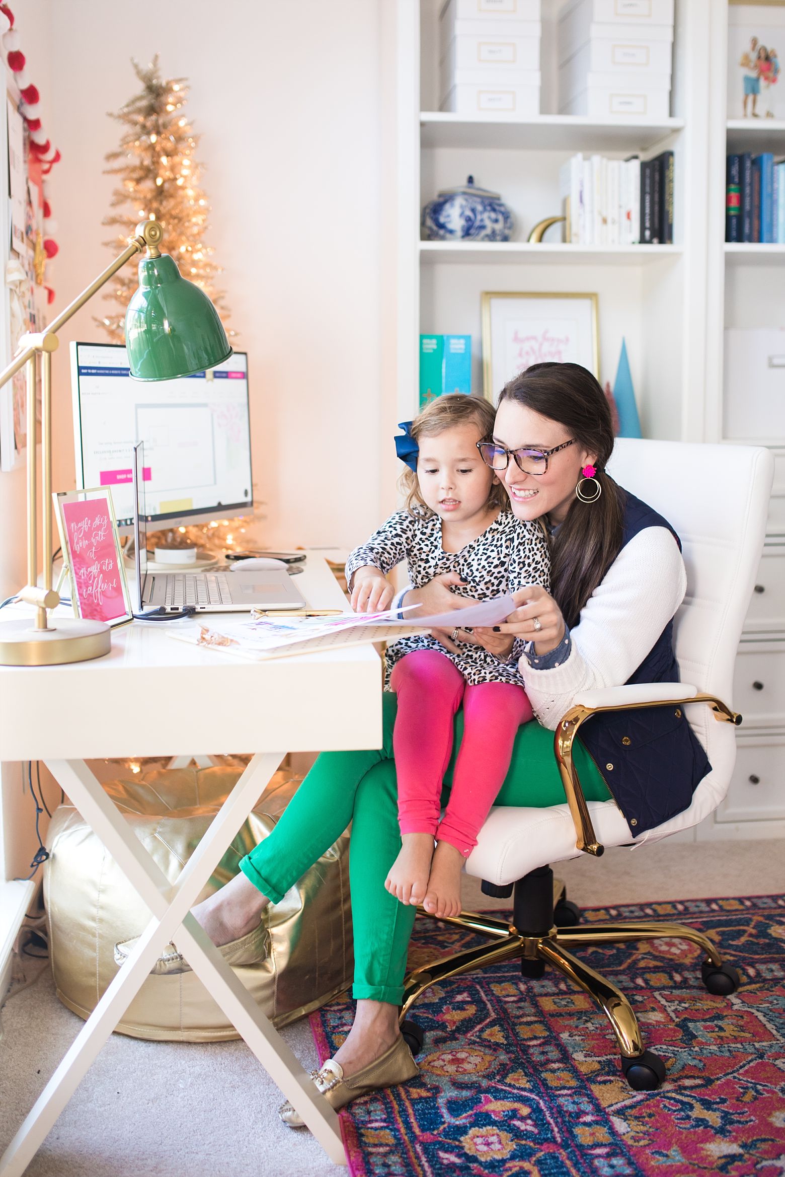 bright home office, pink green and navy desk